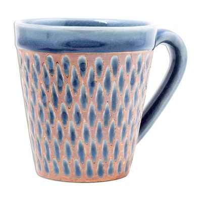 Alternate image for Handcrafted Blue Incised Celadon Ceramic Mug Ginger Blue Honeycomb
