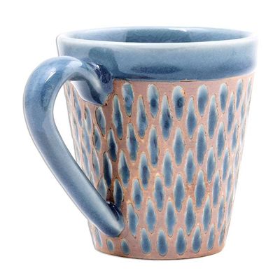 Alternate image for Handcrafted Blue Incised Celadon Ceramic Mug Ginger Blue Honeycomb