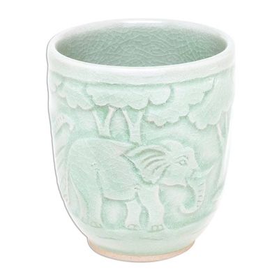 Alternate image for Elephant-Themed Celadon Ceramic Teacup from Thailand Elephant Forest