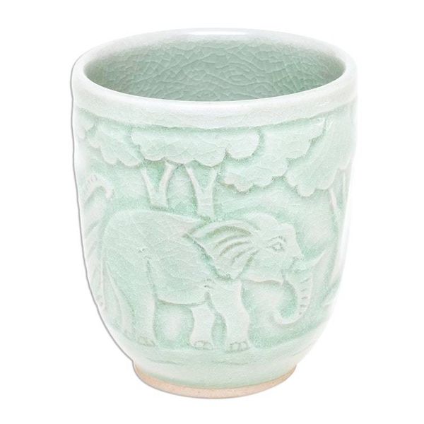Alternate image for Elephant-Themed Celadon Ceramic Teacup from Thailand Elephant Forest
