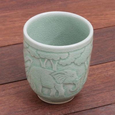 Alternate image for Elephant-Themed Celadon Ceramic Teacup from Thailand Elephant Forest