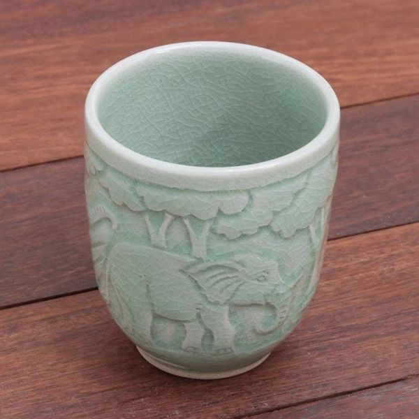 Alternate image for Elephant-Themed Celadon Ceramic Teacup from Thailand Elephant Forest