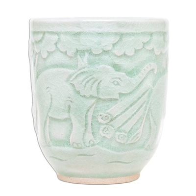 Alternate image for Elephant-Themed Celadon Ceramic Teacup from Thailand Elephant Forest