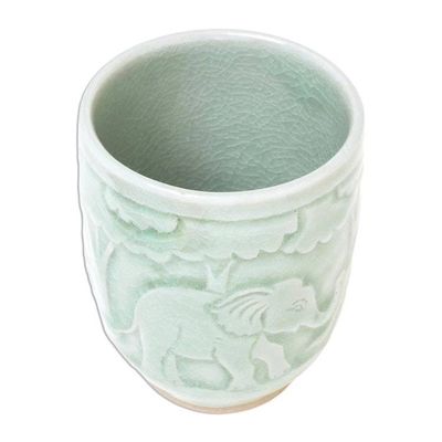 Alternate image for Elephant-Themed Celadon Ceramic Teacup from Thailand Elephant Forest