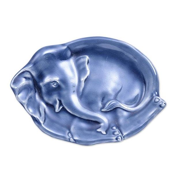 Alternate image for Blue Celadon Elephant-Shaped Plate from Thailand Elephant at Rest in Blue