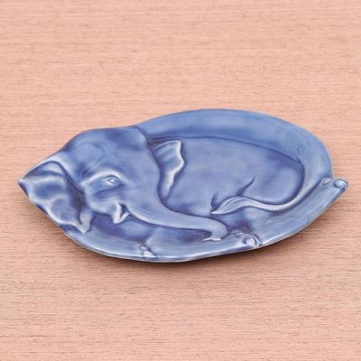 Alternate image for Blue Celadon Elephant-Shaped Plate from Thailand Elephant at Rest in Blue
