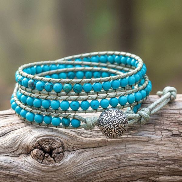 Alternate image for Oxidized Floral Leather-Accented Blue Howlite Wrap Bracelet Tranquil Flower