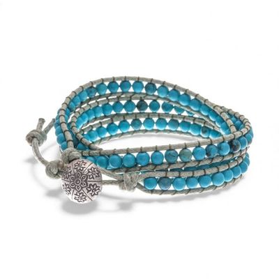 Alternate image for Oxidized Floral Leather-Accented Blue Howlite Wrap Bracelet Tranquil Flower