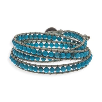 Alternate image for Oxidized Floral Leather-Accented Blue Howlite Wrap Bracelet Tranquil Flower