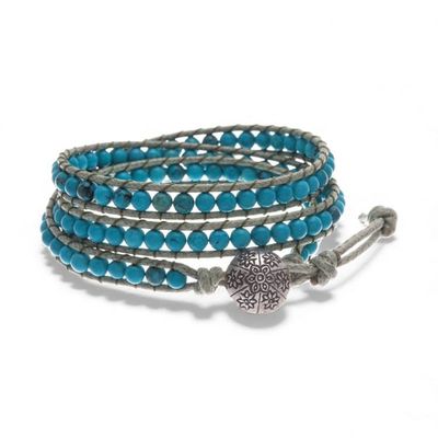 Alternate image for Oxidized Floral Leather-Accented Blue Howlite Wrap Bracelet Tranquil Flower