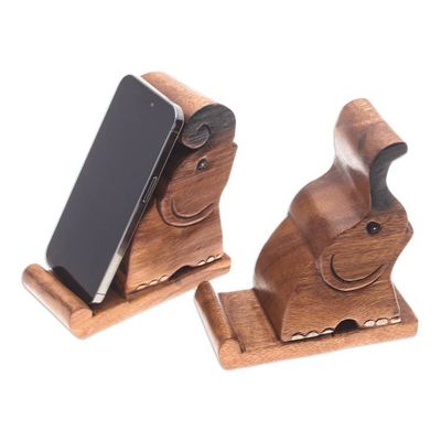 Alternate image for Set of Two Hand-Carved Elephant Raintree Wood Phone Holders Giant Help
