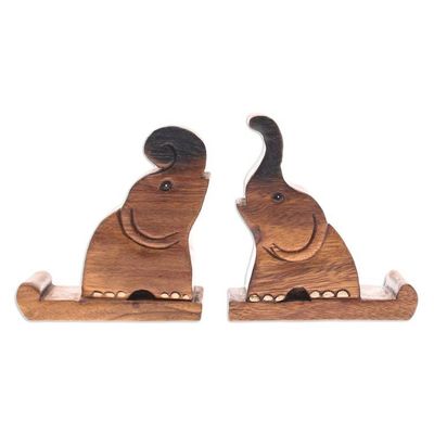 Alternate image for Set of Two Hand-Carved Elephant Raintree Wood Phone Holders Giant Help