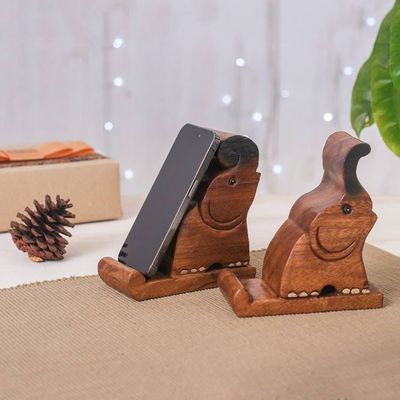 Alternate image for Set of Two Hand-Carved Elephant Raintree Wood Phone Holders Giant Help
