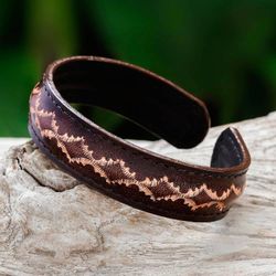 Image for Diamond Pattern Leather Cuff Bracelet in Brown from Thailand Thai Pattern in Brown