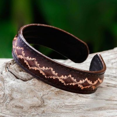 Alternate image for Diamond Pattern Leather Cuff Bracelet in Brown from Thailand Thai Pattern in Brown