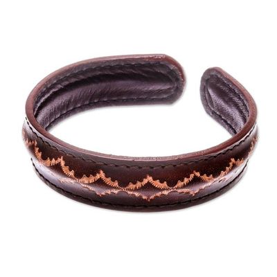 Alternate image for Diamond Pattern Leather Cuff Bracelet in Brown from Thailand Thai Pattern in Brown