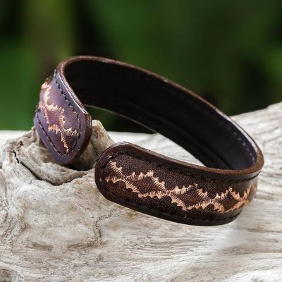 Alternate image for Diamond Pattern Leather Cuff Bracelet in Brown from Thailand Thai Pattern in Brown