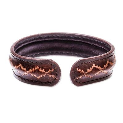 Alternate image for Diamond Pattern Leather Cuff Bracelet in Brown from Thailand Thai Pattern in Brown