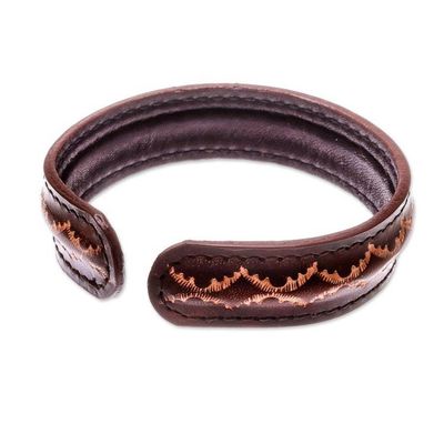 Alternate image for Diamond Pattern Leather Cuff Bracelet in Brown from Thailand Thai Pattern in Brown