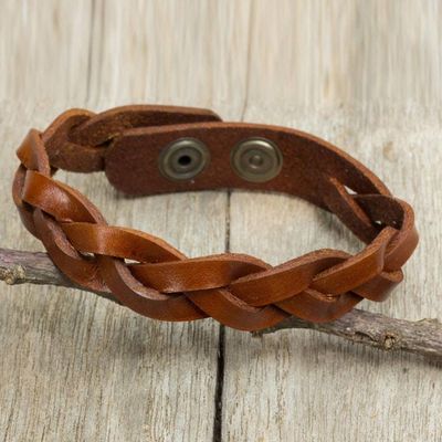 Primary image for Mens Leather Braided Wristband Bracelet in Caramel Brown Caramel Rope