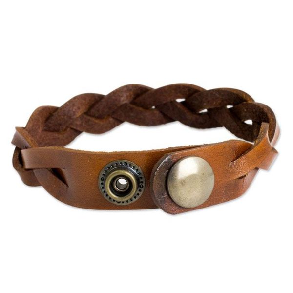Alternate image for Mens Leather Braided Wristband Bracelet in Caramel Brown Caramel Rope