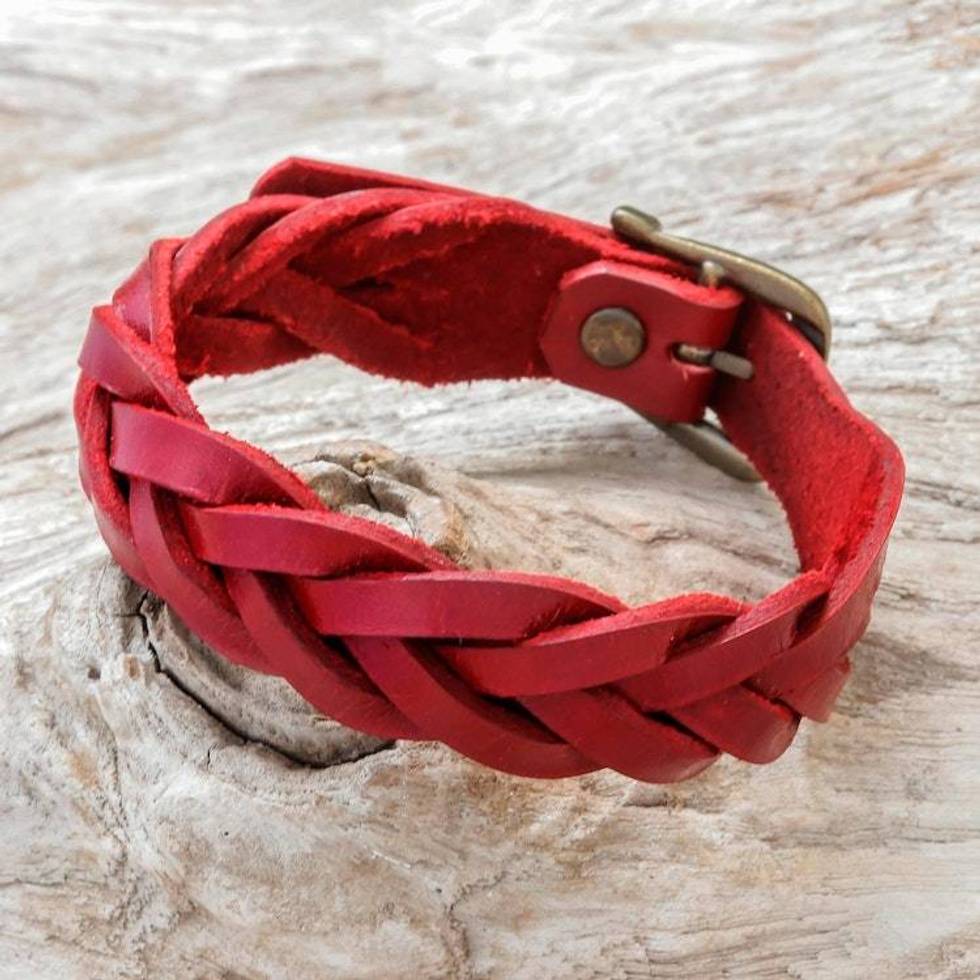 Leather Wristband Bracelet in Red from Thailand 'Everyday Charm in Red'