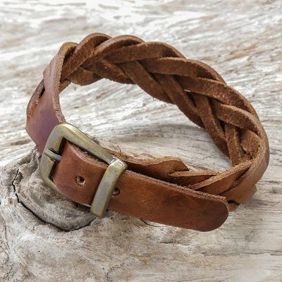 Alternate image for Leather Braided Wristband Bracelet in Chestnut from Thailand Everyday Charm in Chestnut