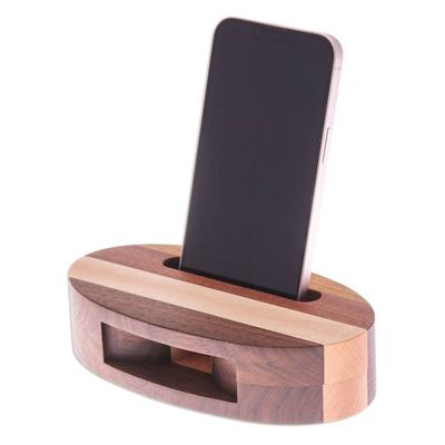 Alternate image for Hand-Carved Oval Brown Walnut and Maple Wood Phone Speaker Vivacious Sound