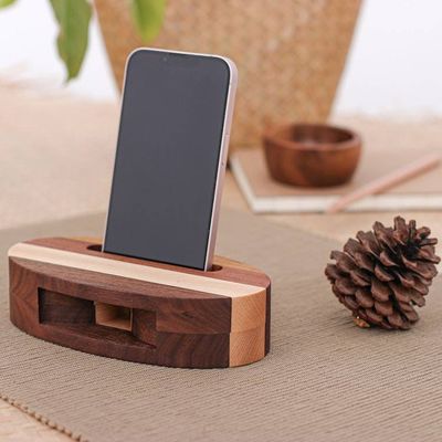 Alternate image for Hand-Carved Oval Brown Walnut and Maple Wood Phone Speaker Vivacious Sound