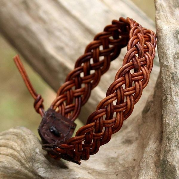 Alternate image for Brown Leather Braided Bracelet from Thailand Braided Paths in Brown