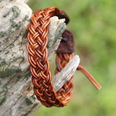 Alternate image for Brown Leather Braided Bracelet from Thailand Braided Paths in Brown