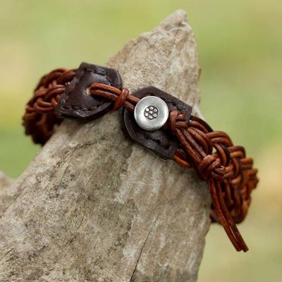Alternate image for Brown Leather Braided Bracelet from Thailand Braided Paths in Brown