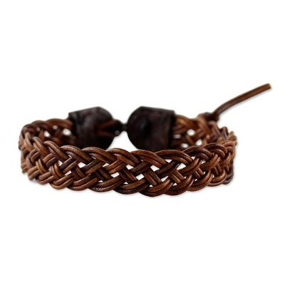 Alternate image for Brown Leather Braided Bracelet from Thailand Braided Paths in Brown
