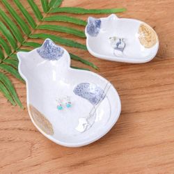 Image for 2 Abstract Cat-Themed Whimsical Glazed Ceramic Catchalls Feline Family