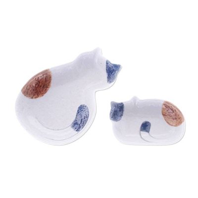 Alternate image for 2 Abstract Cat-Themed Whimsical Glazed Ceramic Catchalls Feline Family