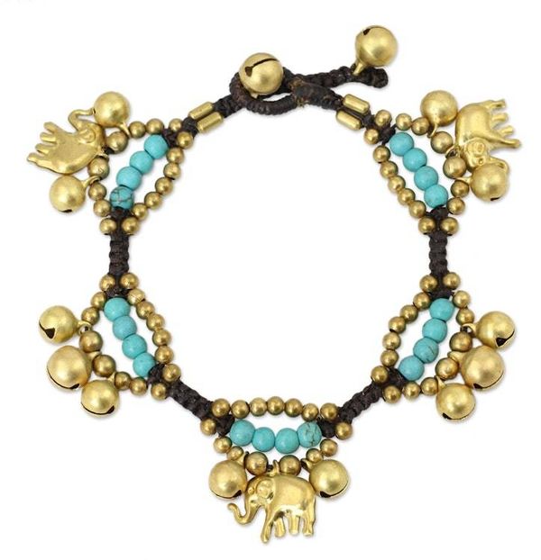 Alternate image for Elephant and Bell Charm Bracelet in Blue Gems and Brass Fortunes Blue Melody