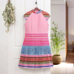 Image for Hmong Hill Tribe-Inspired Blush Cotton Blend A-Line Dress Blush Heirloom