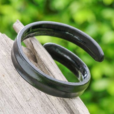 Alternate image for Adjustable Unisex Leather Cuff Bracelet Hand-Dyed Black Embrace Sophistication