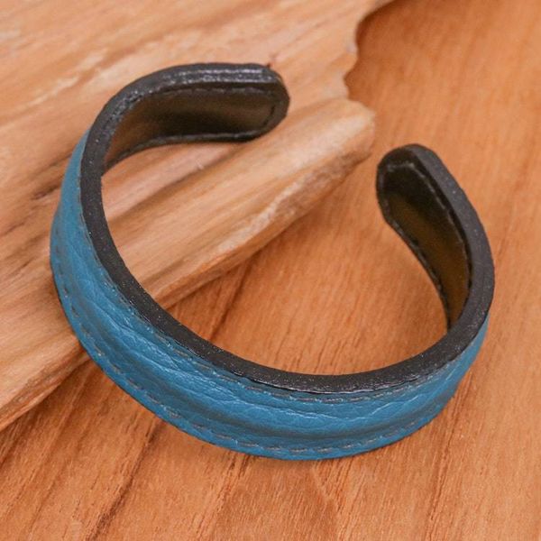 Alternate image for Mens Handcrafted Teal Leather Cuff Bracelet from Thailand Rugged Simplicity