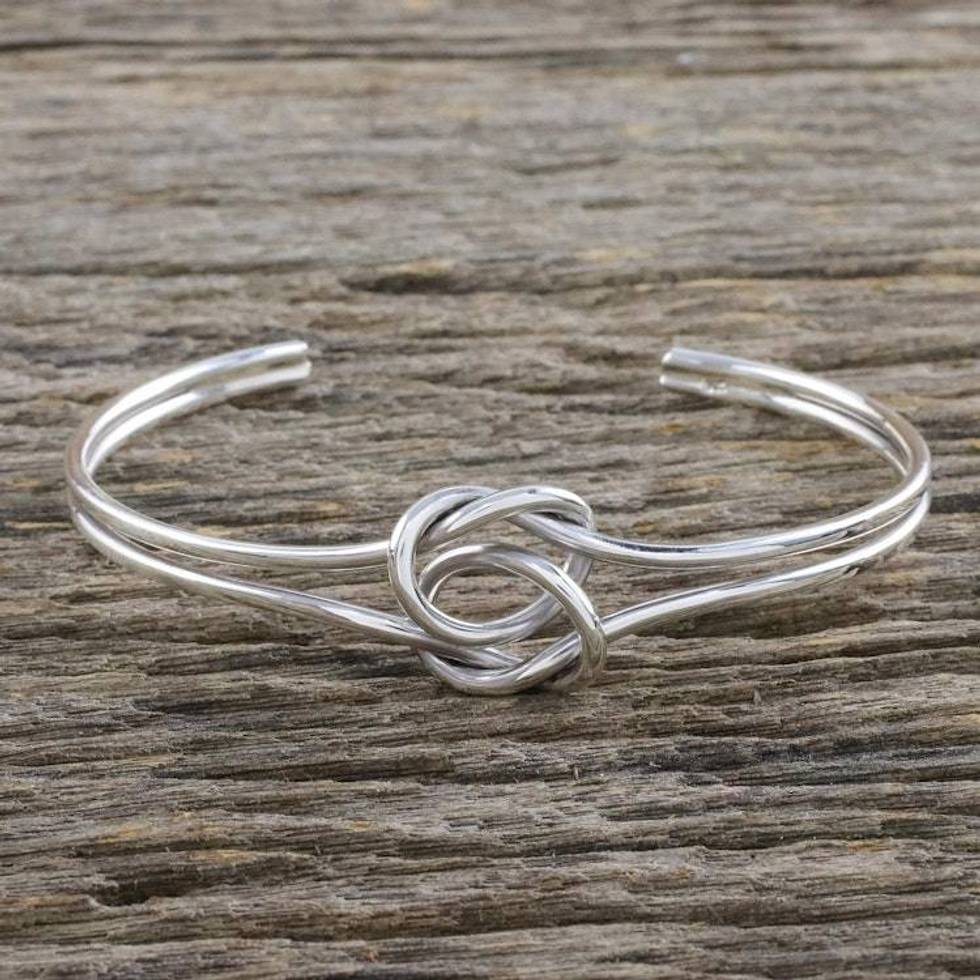 Sterling Silver Wire Cuff Bracelet with Center Knot 'Happy Together'