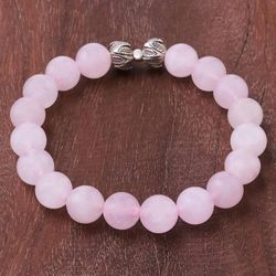 Image for Leaf-Themed Rose Quartz Beaded Stretch Bracelet Leafy Pink