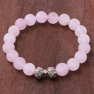 Alternate image for Leaf-Themed Rose Quartz Beaded Stretch Bracelet Leafy Pink