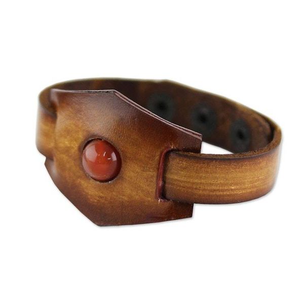 Alternate image for Leather and Carnelian Adjustable Snap Bracelet Carnelian Glow