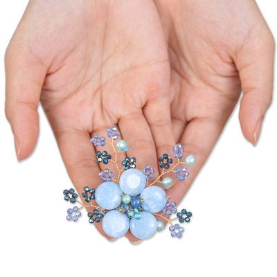 Alternate image for Flower-Shaped Blue Cultured Pearl and Quartz Brooch Pin Petals of Wisdom