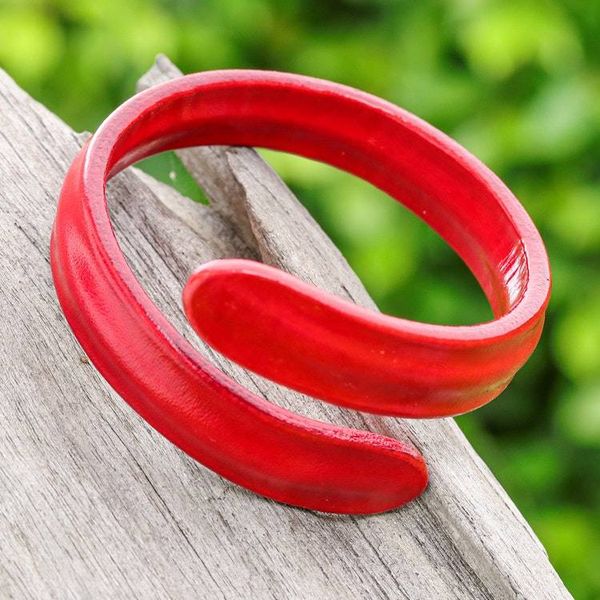 Alternate image for Red Hand-Dyed Adjustable Unisex Leather Cuff Bracelet Embrace Vibrancy