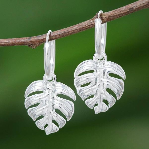 Alternate image for Handcrafted Thai Sterling Silver Leaf Earrings Tropical Leaf