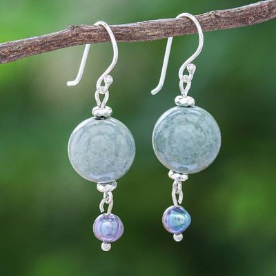 Primary image for Thai Jade and Cultured Pearl Dangle Earrings Cool Magic