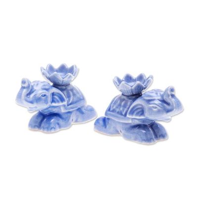 Alternate image for Pair of Blue Celadon Ceramic Elephant Incense Holders Blue Pachyderm Beauty