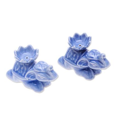 Alternate image for Pair of Blue Celadon Ceramic Elephant Incense Holders Blue Pachyderm Beauty