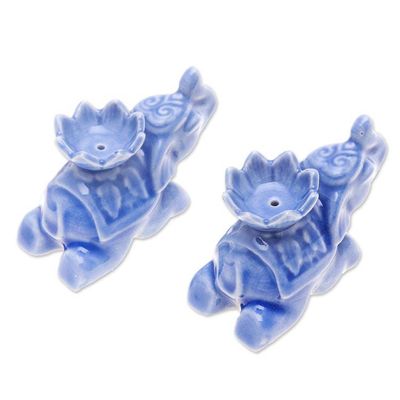 Alternate image for Pair of Blue Celadon Ceramic Elephant Incense Holders Blue Pachyderm Beauty